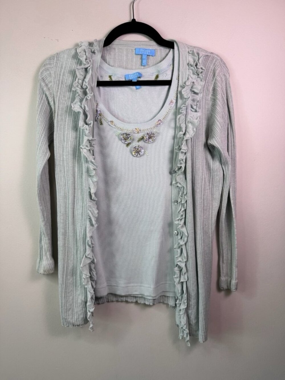 Escada Sport Mint Green Embellished Twinset Cardigan & Tank Top Set Women’s M/XL